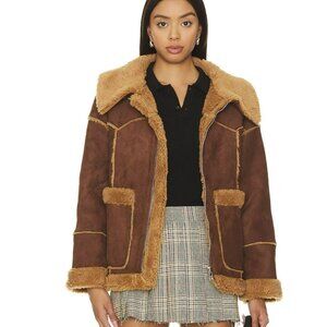 Revolve Line & Dot OVERSIZED Jackson Faux Suede Shearling Coat Brown XS NWT